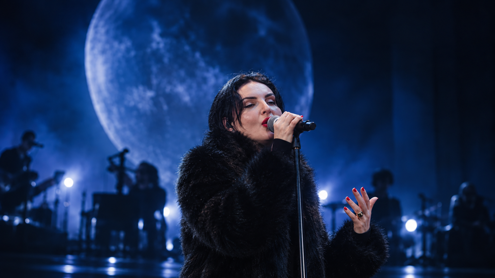 Arisa al microfono, con luci blu e luna sullo sfondo