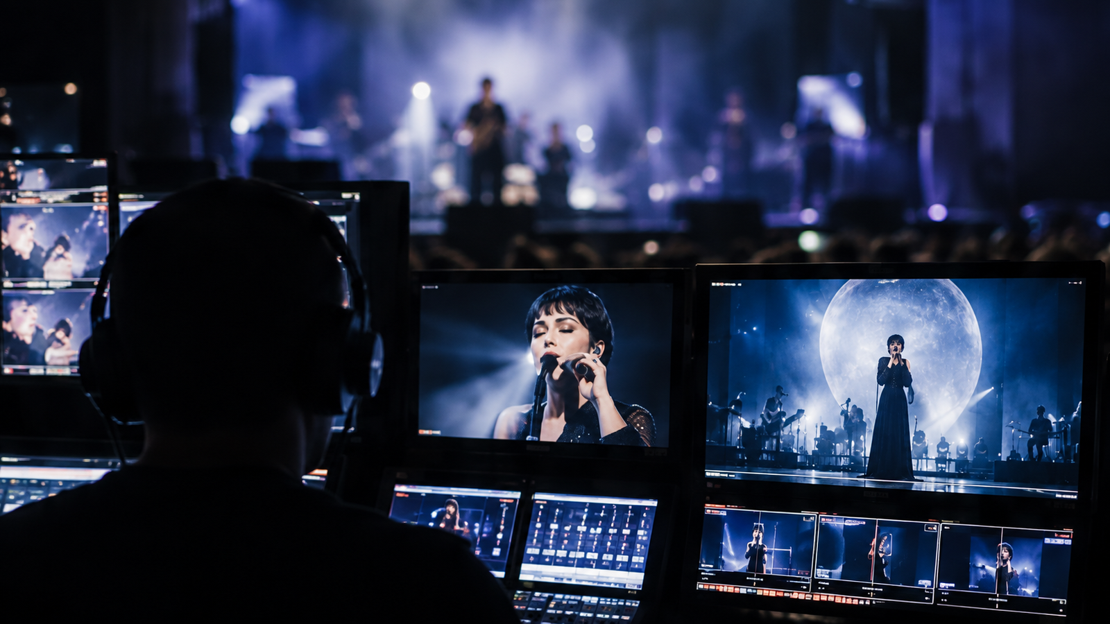 Postazione di regia video con monitor multicamera del concerto di Arisa